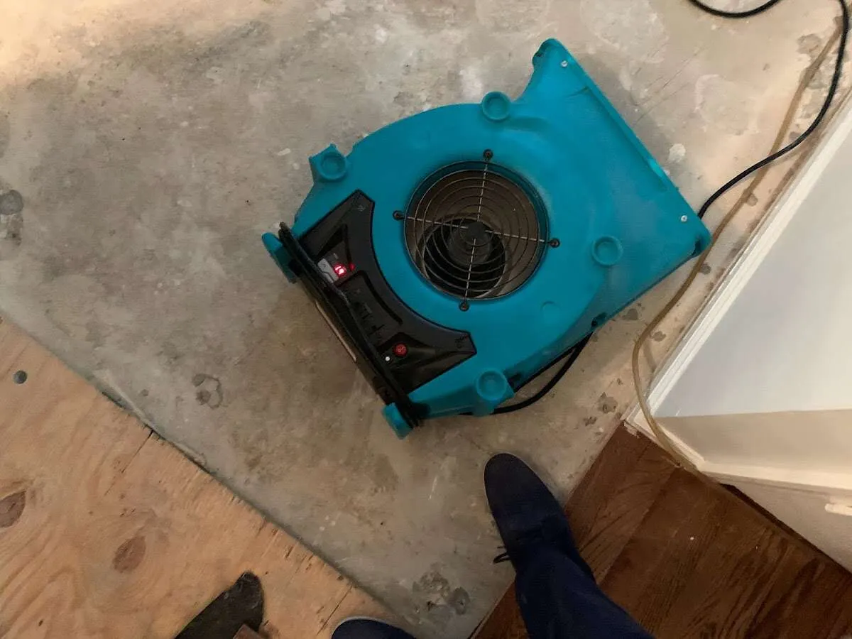 Air mover drying subfloor during Commercial Water Damage Restoration in Fort Lee